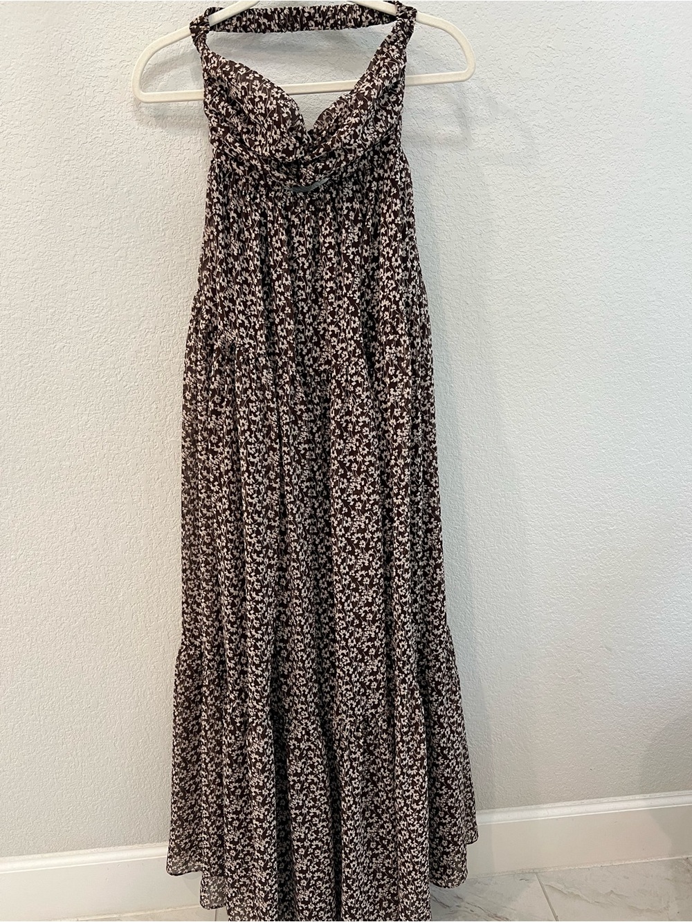 Womens Floral Strapless Dress in Brown & White